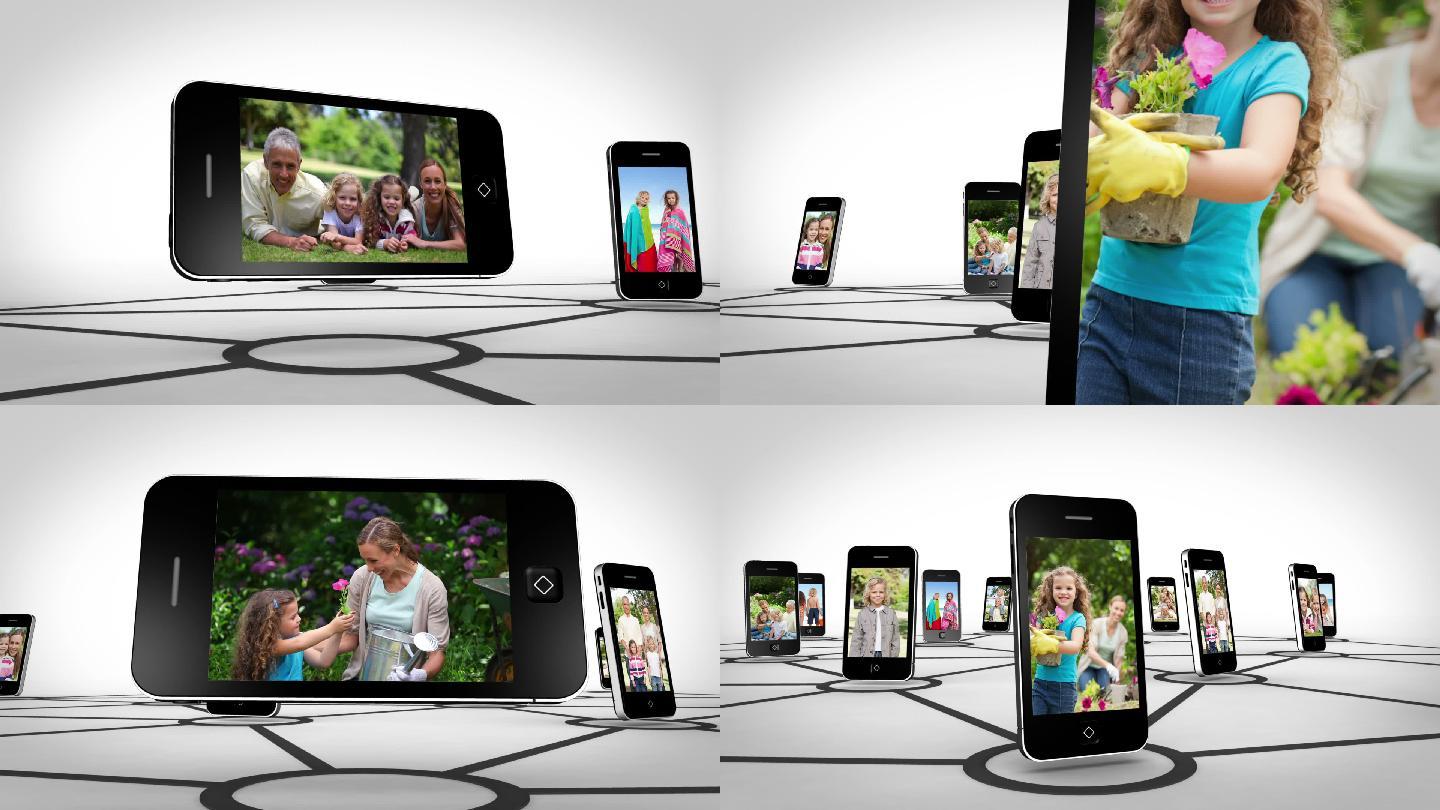 智能手机屏幕上一家人欢聚的动画