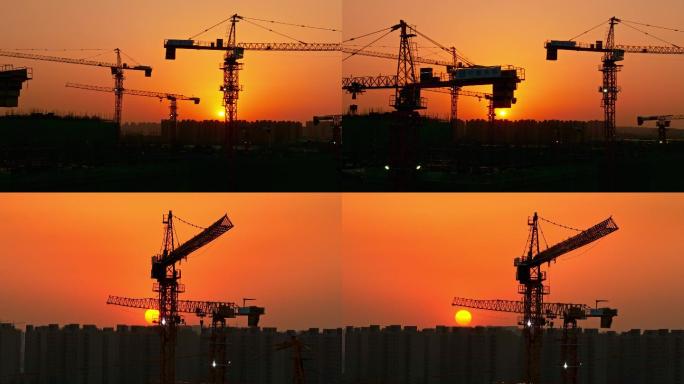 【4K】夕阳下建筑工地塔吊 航拍