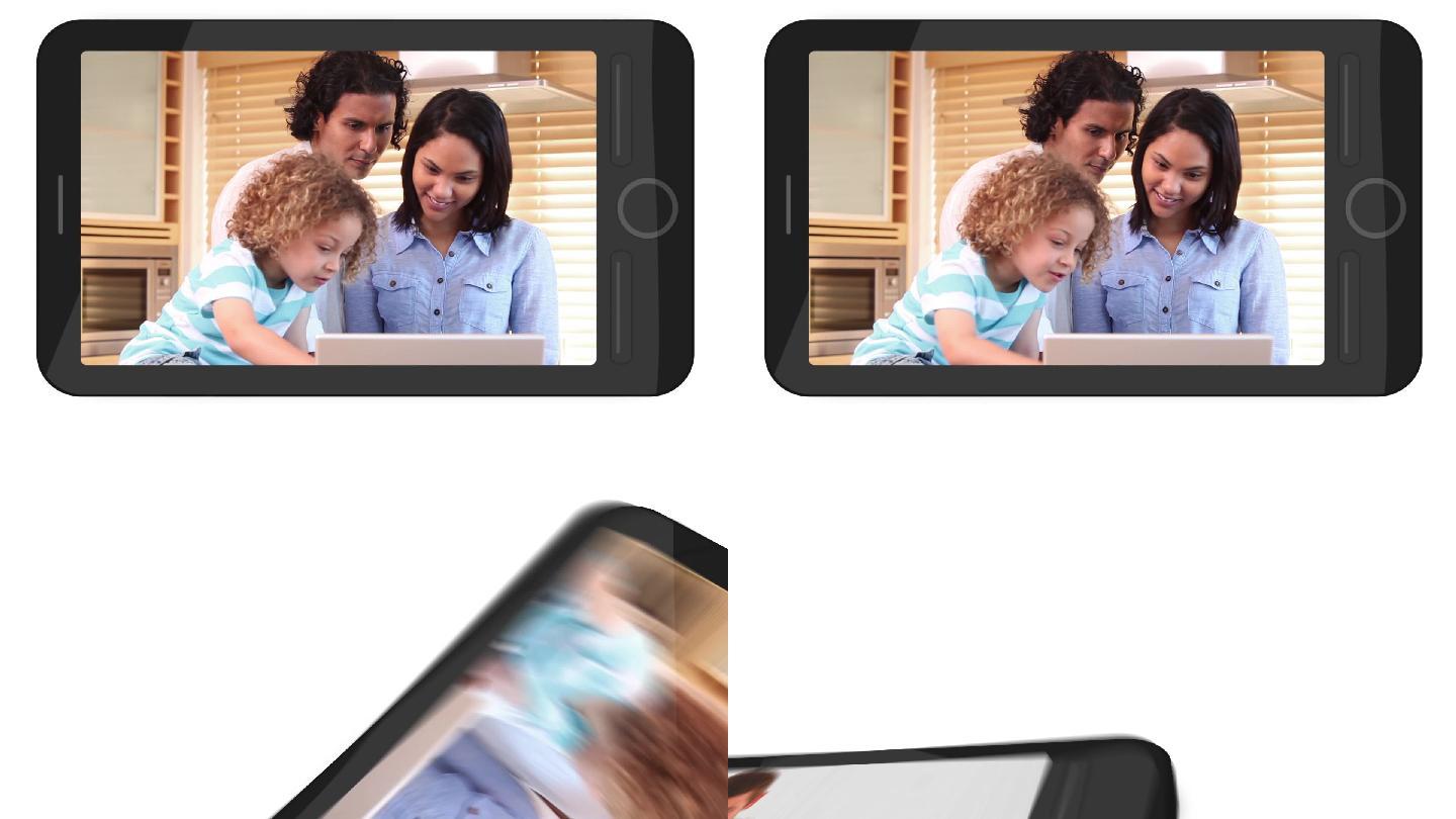 手机屏幕显示一家人生活视频动画特效