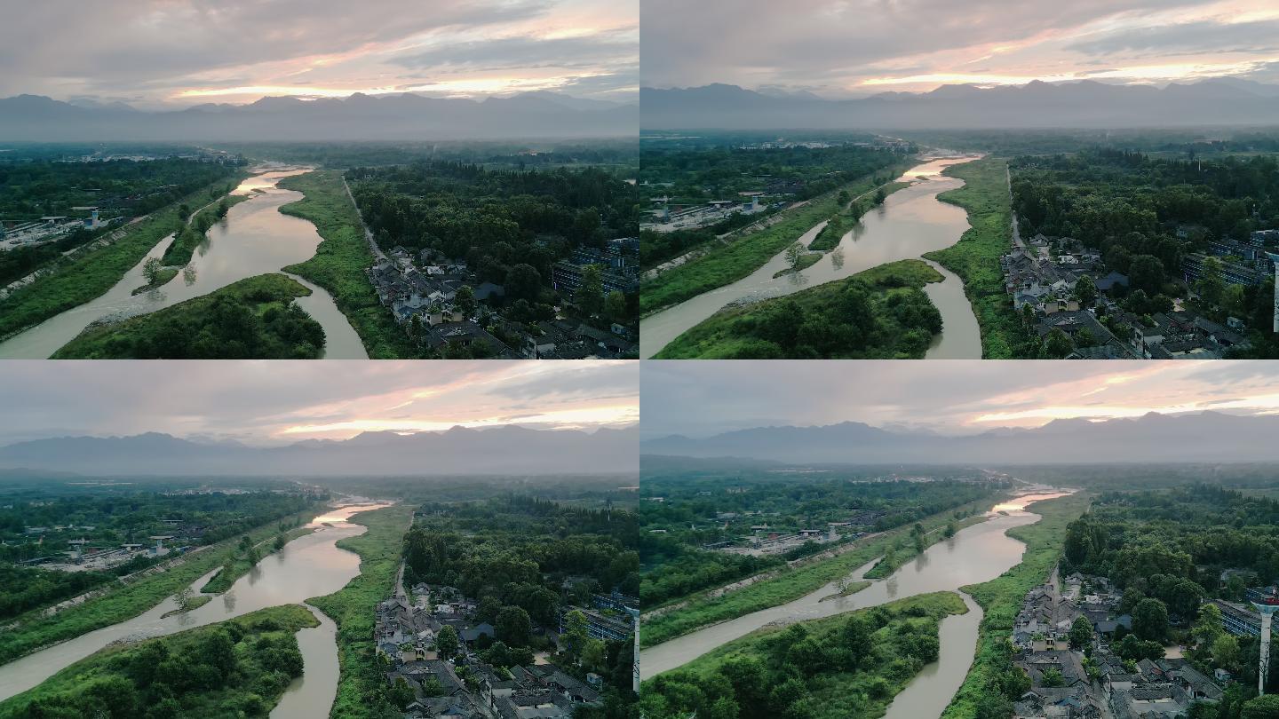 乡村生态河流远山夕阳