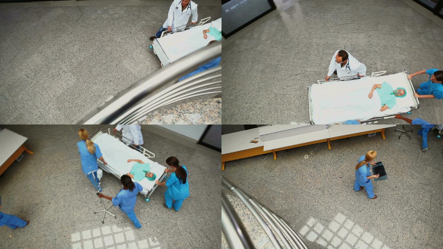 医疗团队用病床推着女人在医院里特写