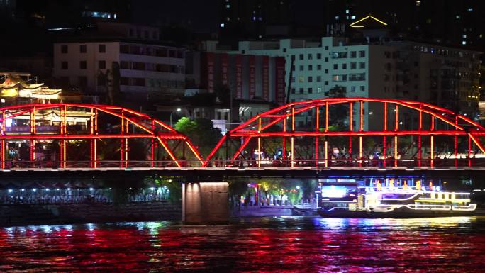 空镜 休闲 游船  夜景  黄河  大桥