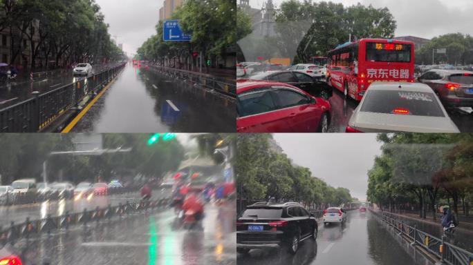 雨天开车等红绿灯 司机第一视角街景