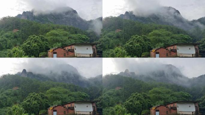 山村民宅小屋绿树云雾飘过流动清晨雾气仙景