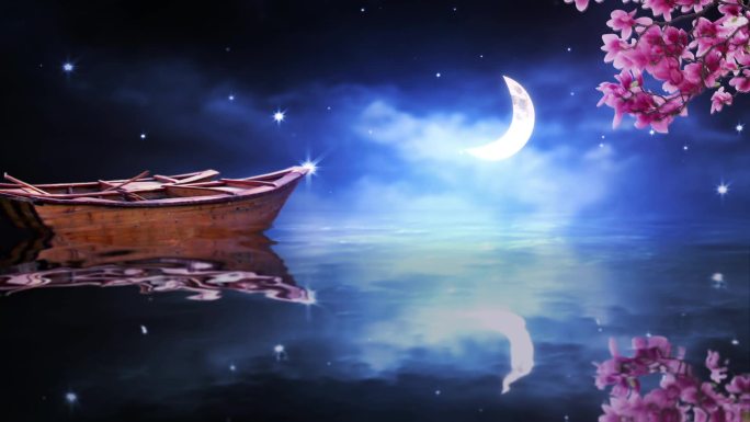 唯美小船月亮星空水中倒影