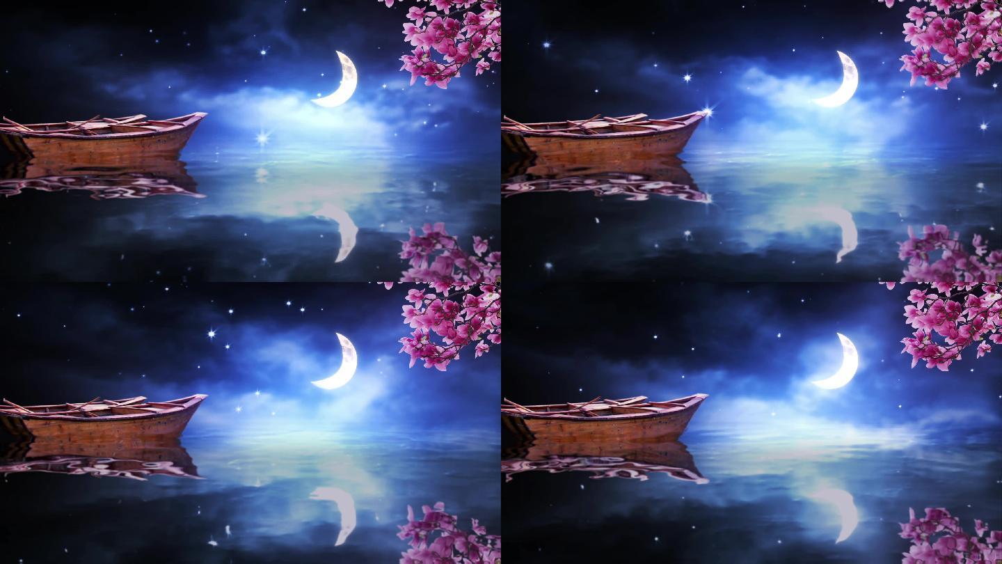 唯美小船月亮星空水中倒影