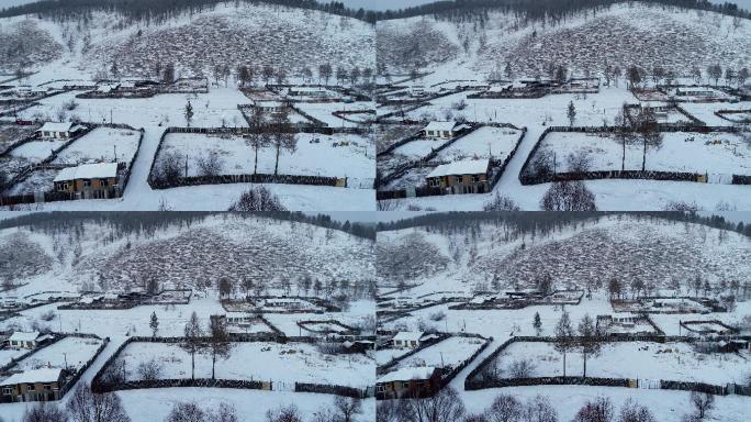 航拍大兴安岭冬季林场山村雪景