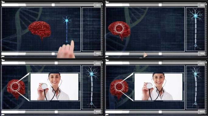 手用医疗触摸屏界面显示脑图和医生与听诊器夹