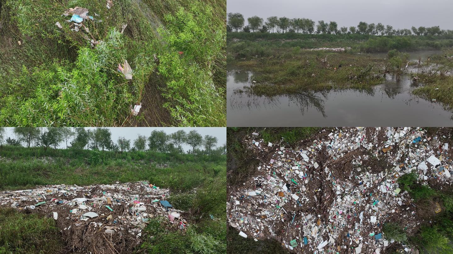 暴雨洪水消退后河边垃圾