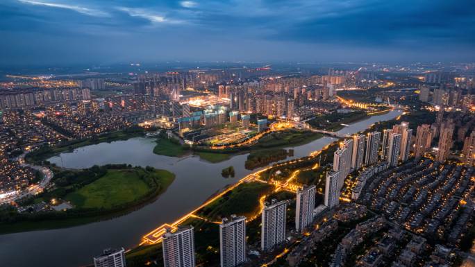 辽宁沈阳沈北新区蒲河沿岸城市夜景航拍延时