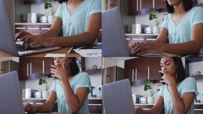 不同种族、不同性别的人坐在办公桌前使用笔记本电脑在家工作