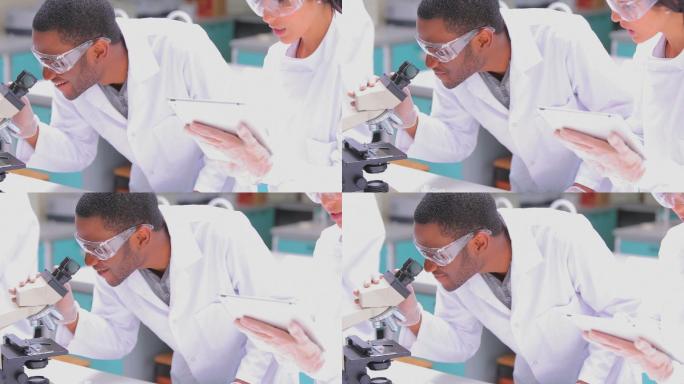 男人站在显微镜下看，女人在实验室里看