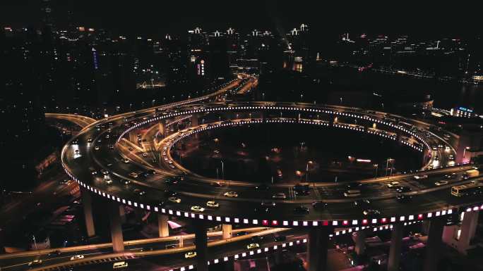 上海南浦大桥夜景车流航拍