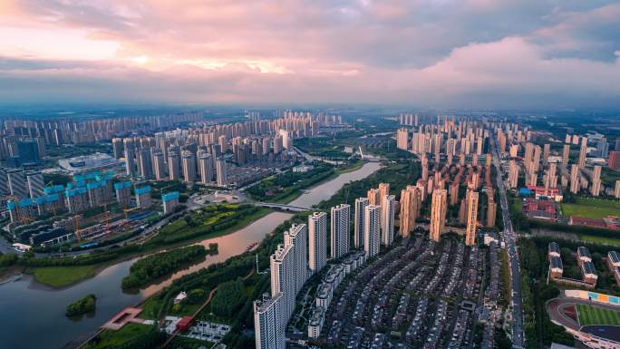 辽宁沈阳沈北新区蒲河沿岸城市航拍延时