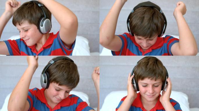 小男孩戴着耳机，以每秒250帧的慢动作欣赏音乐