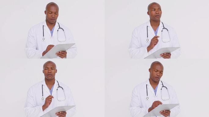 一个严肃的医生拿着写字板，背景是白色