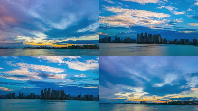 襄阳汉江夕阳晚霞下的城市航拍延时摄影