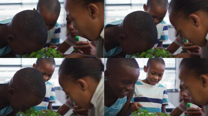 在自然研究课上，一群快乐的学童在教室里照看植物
