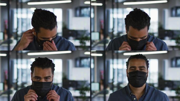 不同种族的同事戴着口罩在会议室讨论，做笔记