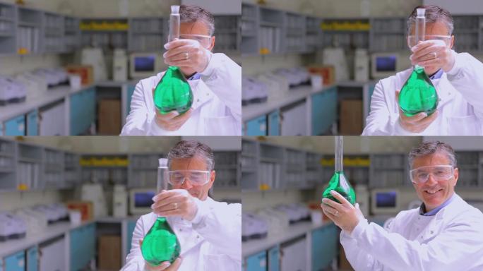 穿着防护服的化学家在实验室做实验特写