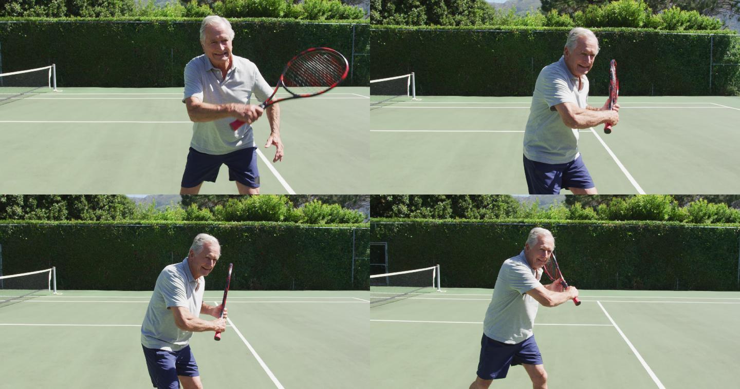 带球拍阴影的白种人老年人在网球场练习网球