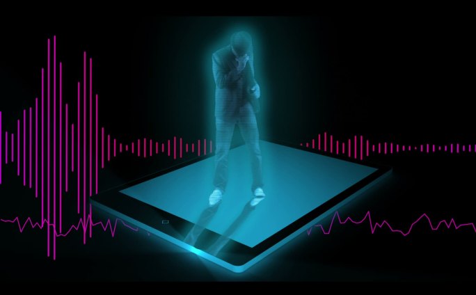 蓝色闪烁的舞者在蓝色闪烁的平板电脑上跳舞，黑色的背景与粉红色的wav