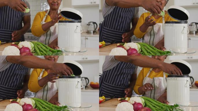 非裔美国老年夫妇把切碎的蔬菜放进家里厨房的午餐盒里