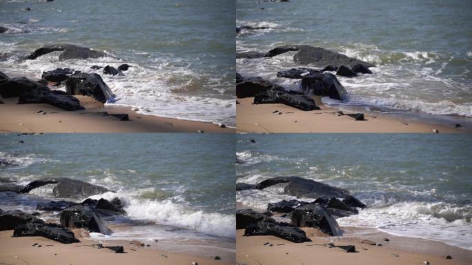 平潭海边沙滩海水潮水浪花拍打美丽海岸线