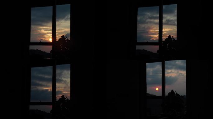 窗户外的夕阳 日落延时
