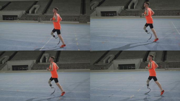 白人残疾男性运动员用假腿训练，跑步