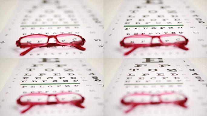 眼镜掉落在视力表上特写