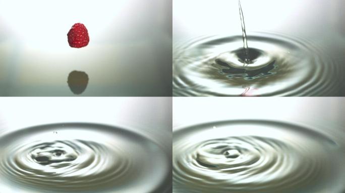 树莓落水的慢动作树莓掉进水里激起水花水花