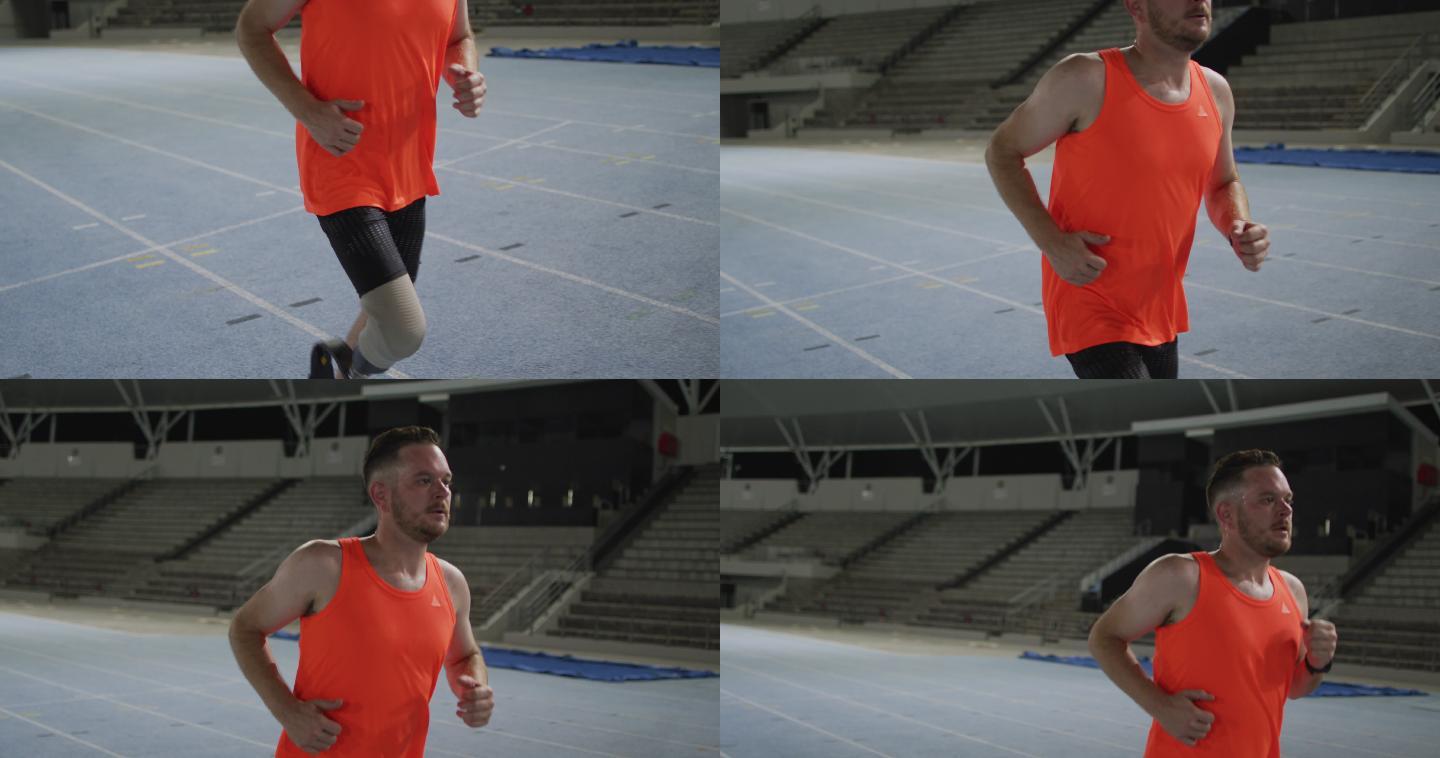 白人残疾男性运动员用假腿训练，跑步