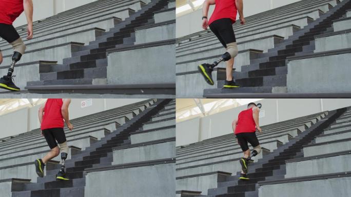 白人残疾男性运动员用假腿训练，跑上楼