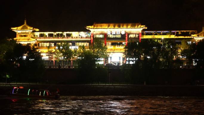 空镜 休闲 游船  夜景  黄河  大桥