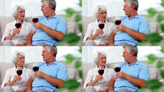 一对老夫妇坐在沙发上喝红酒聊天特写