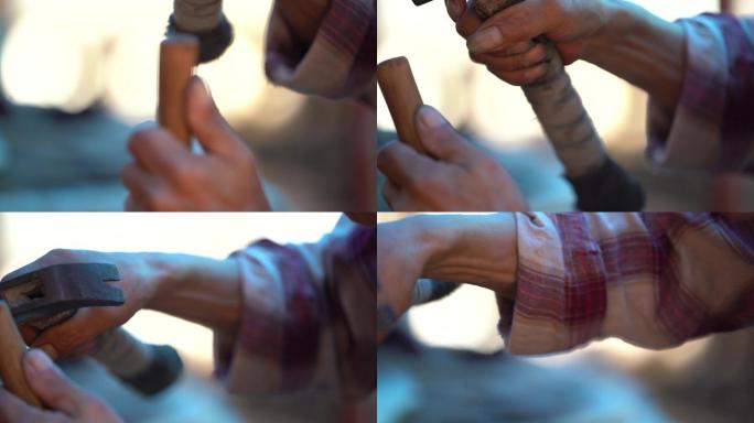 传统木雕工匠老人老手艺手凿子榔头雕刻特写