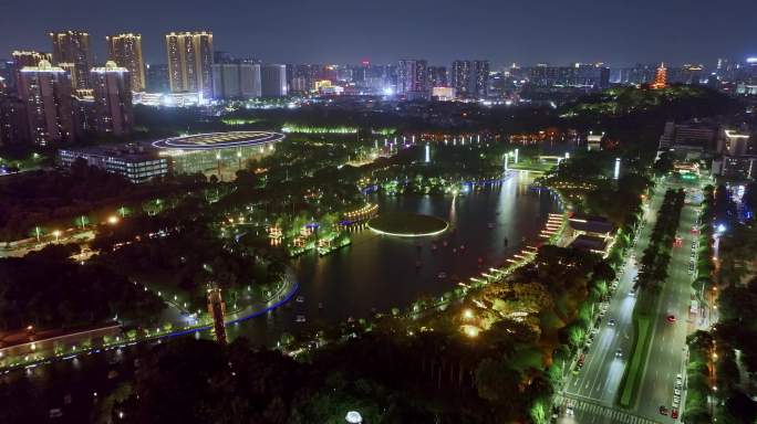 佛山南海桂城千灯湖公园夜景航拍细节灯光