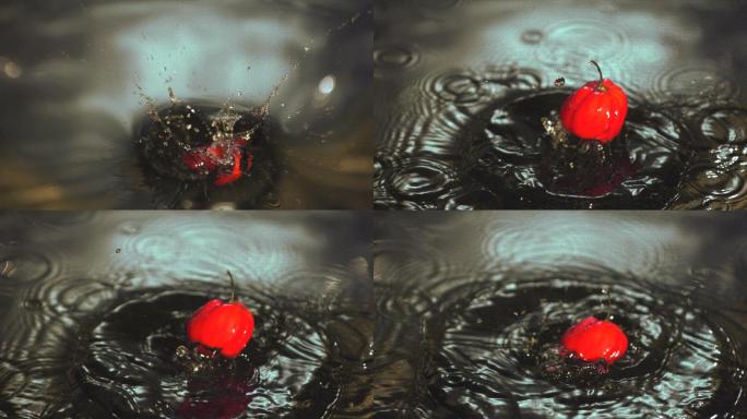 水中的红辣椒特写红辣椒红椒入水溅起水花