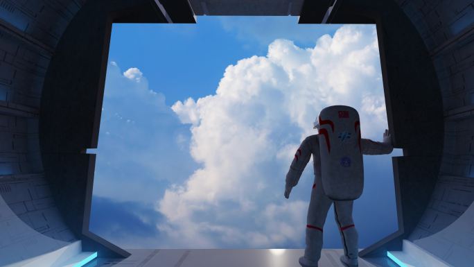 航天员在太空舱众面向蓝天白云