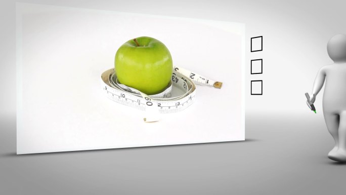 在白色背景上，用卷尺环绕的苹果剪辑，带有动画图形的勾框
