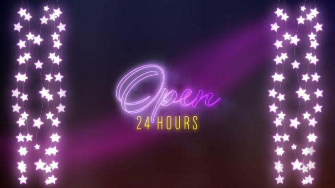 24小时开放的招牌用紫色和黄色的霓虹灯与仙女的灯光