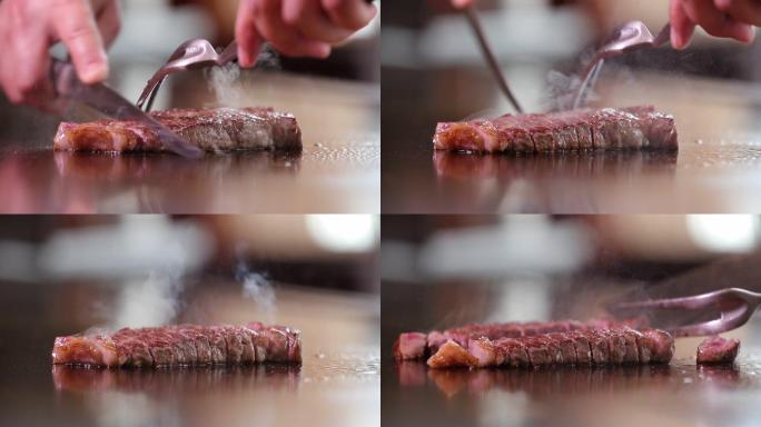 铁板烧烤牛肉高档日本雪花牛肉烟火火焰刀叉操作