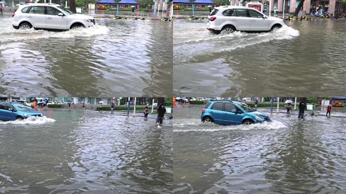 驾车水花飞溅城市大雨后道路积水