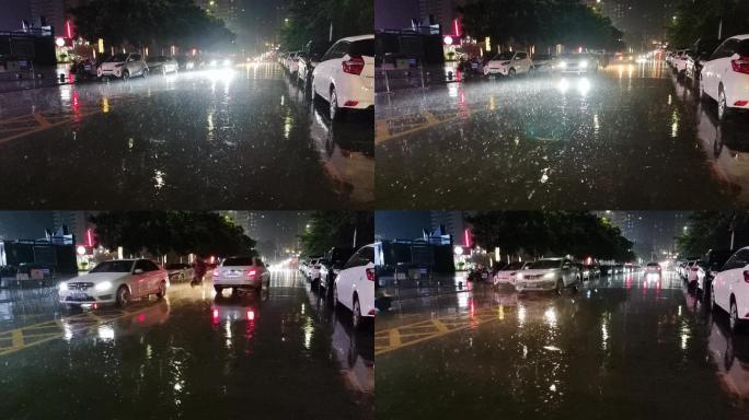 街道小车大雨绿树光影雨夜街灯绿叶逆光影子