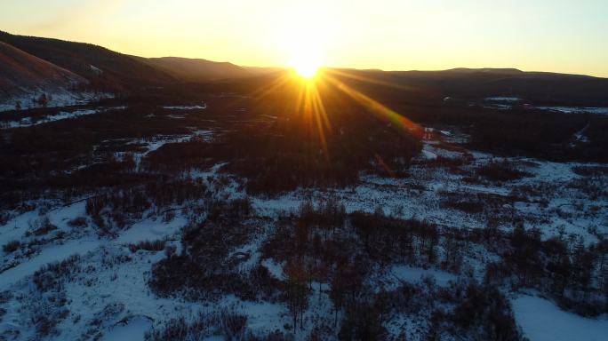 航拍大兴安岭冻土地带疏林湿地雪景