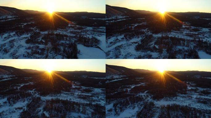 航拍大兴安岭冻土地带疏林湿地雪景