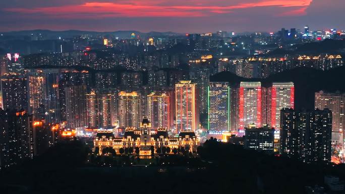 花果园晚霞夜景大气航拍