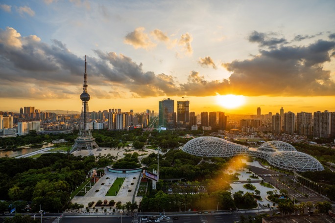 最新佛山禅城cbd建筑群日转夜延时