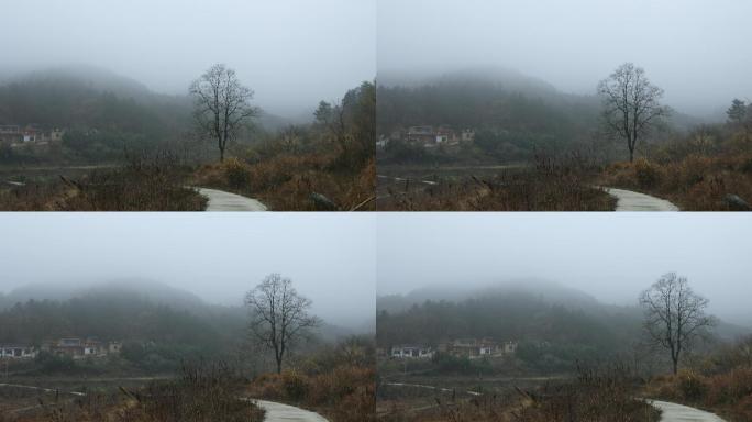 雾气笼罩下的村庄拍摄视频